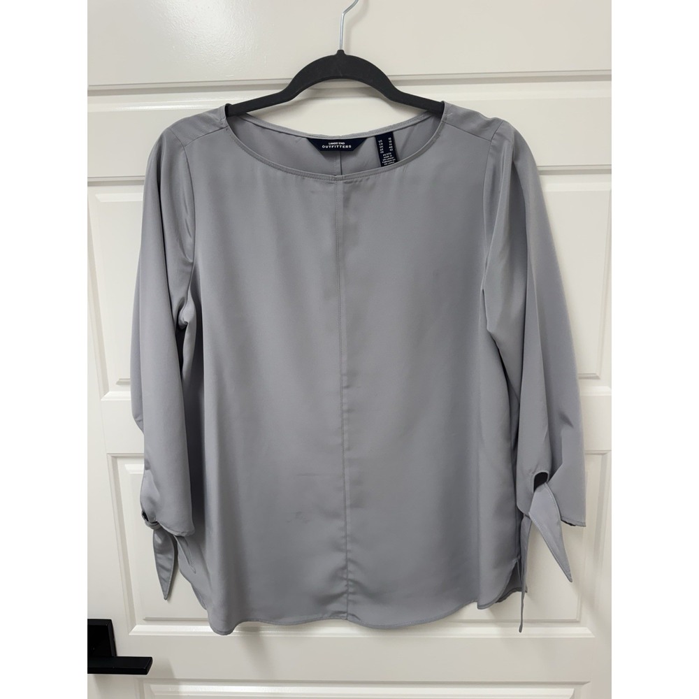Lands End Outfitters Women Gray Blouse Tie Cuff Size 10 Petite Silky Top